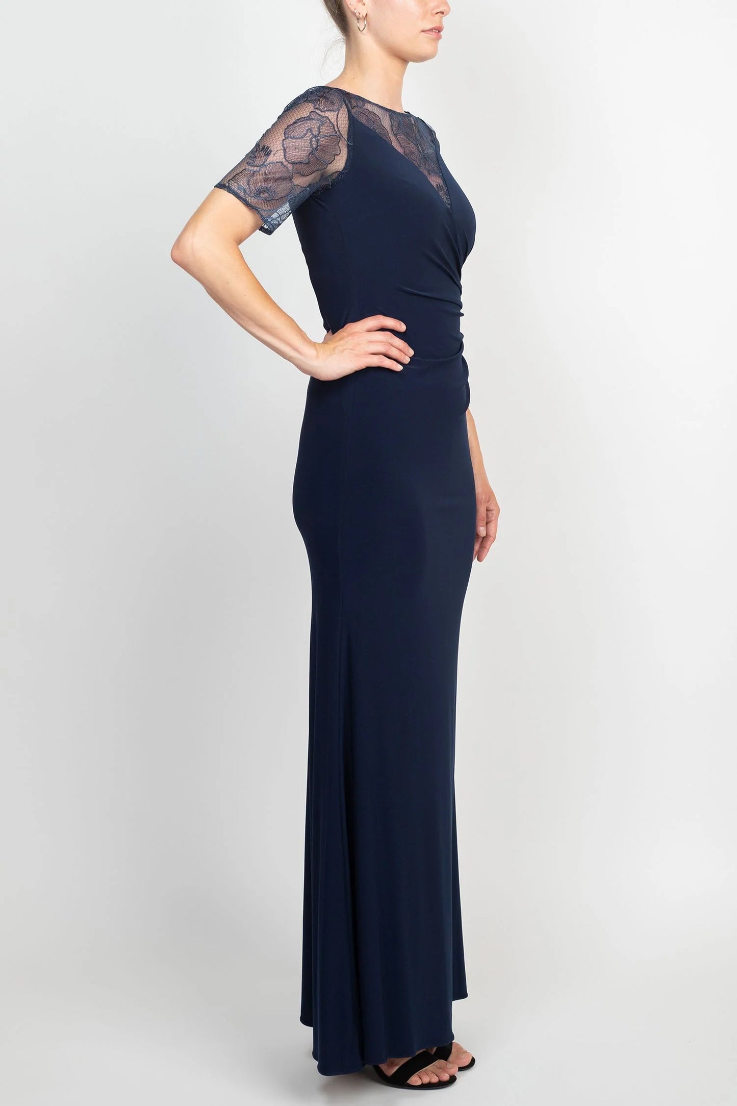 Embroidered Illusion Boat Neck Short Sleeve Gathered Side Zipper Back Lace Mother of the Bride Dresses