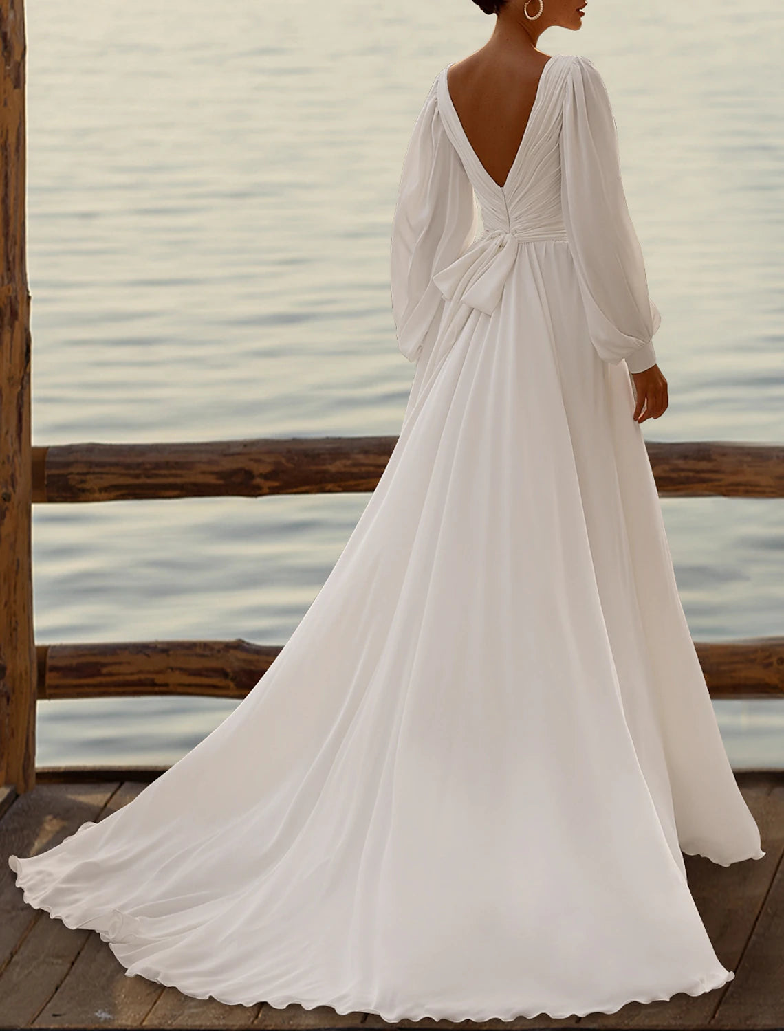 Formal Wedding Dresses A-Line V Neck Long Sleeve Court Train Chiffon Bridal Gowns With Pleats Ruched