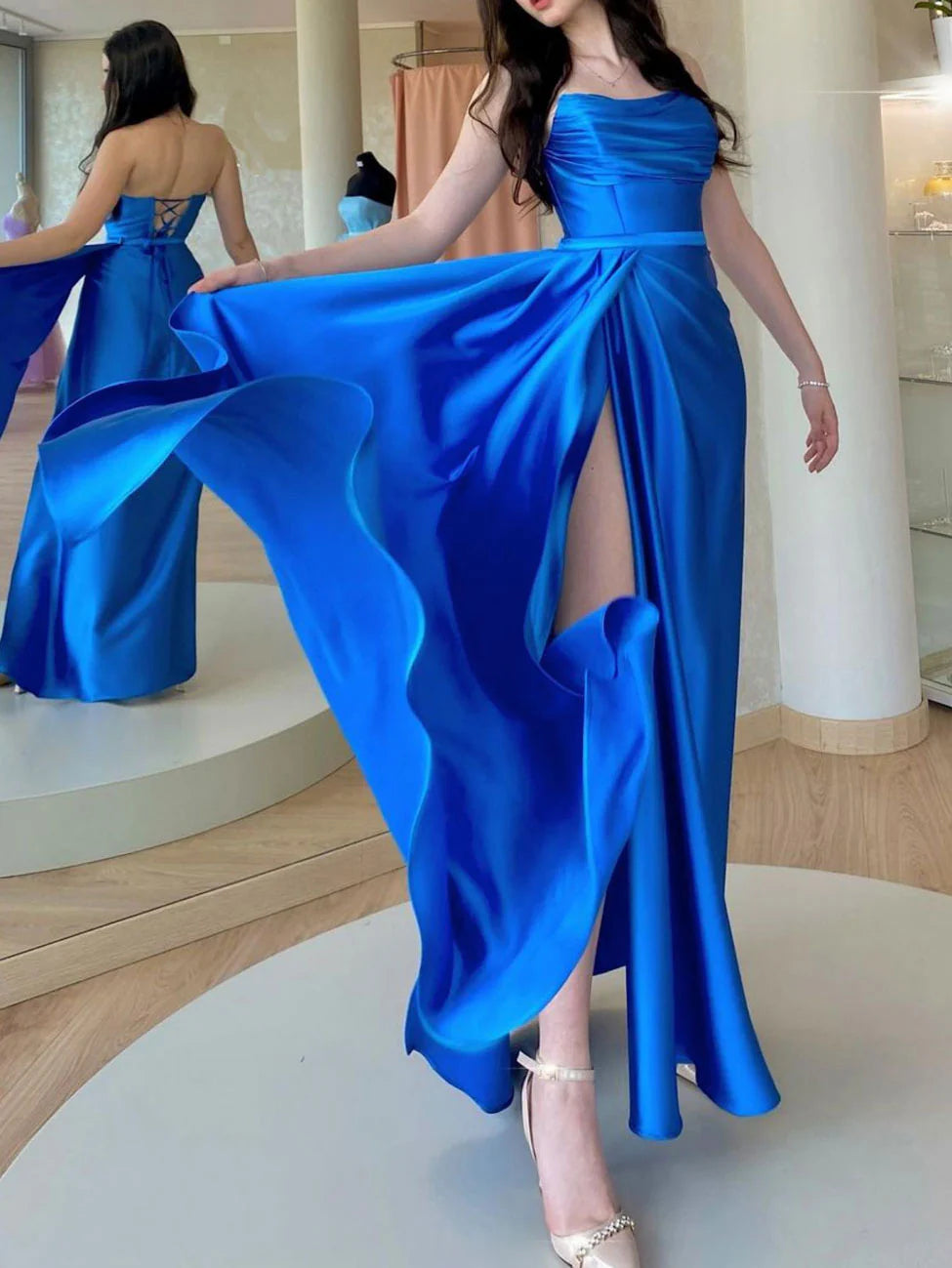 Simple blue satin long prom dress blue formal prom dress