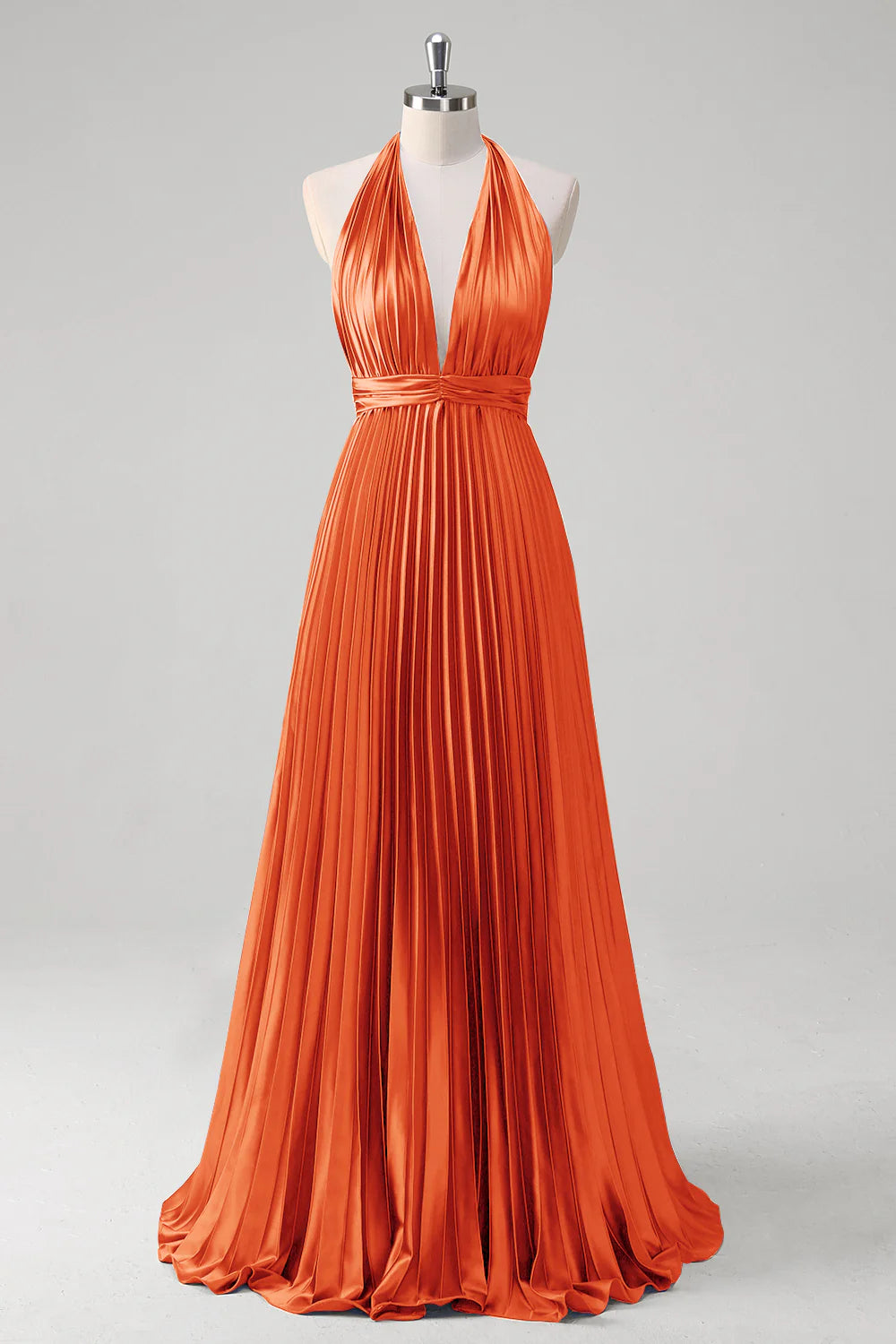 OKBBN satin A-line hanging neck pleated backless long evening gown