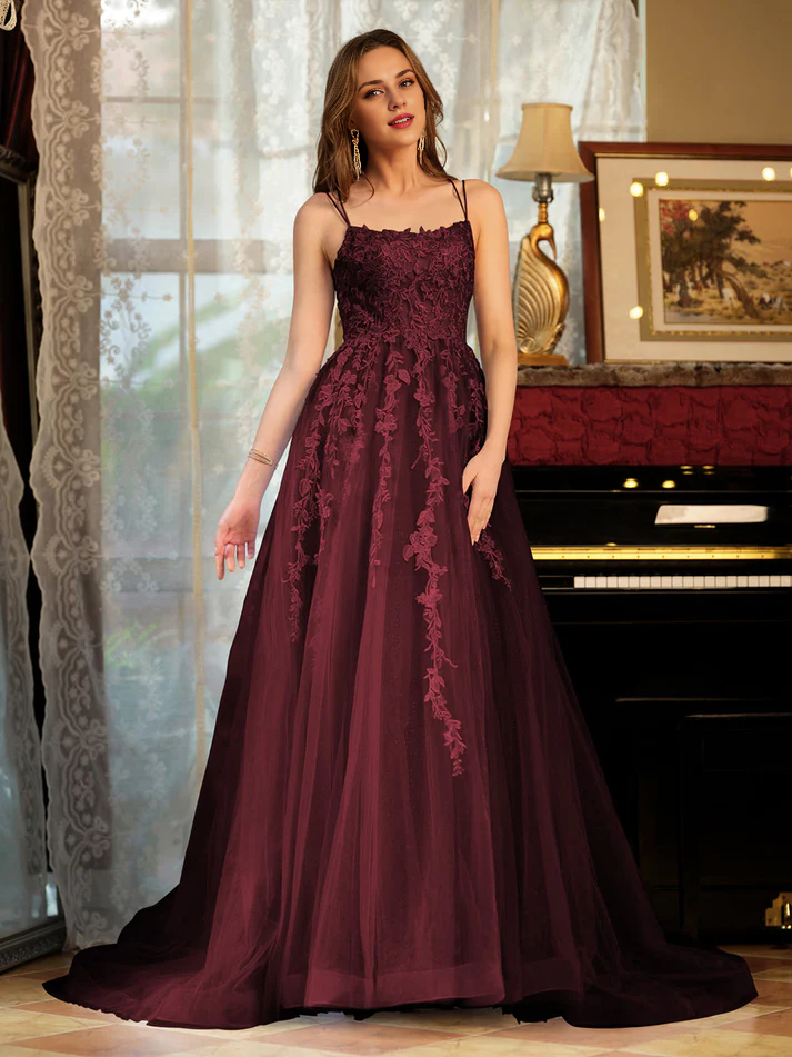 OKBBN A-line princess chiffon thin shoulder strap decal long evening gown