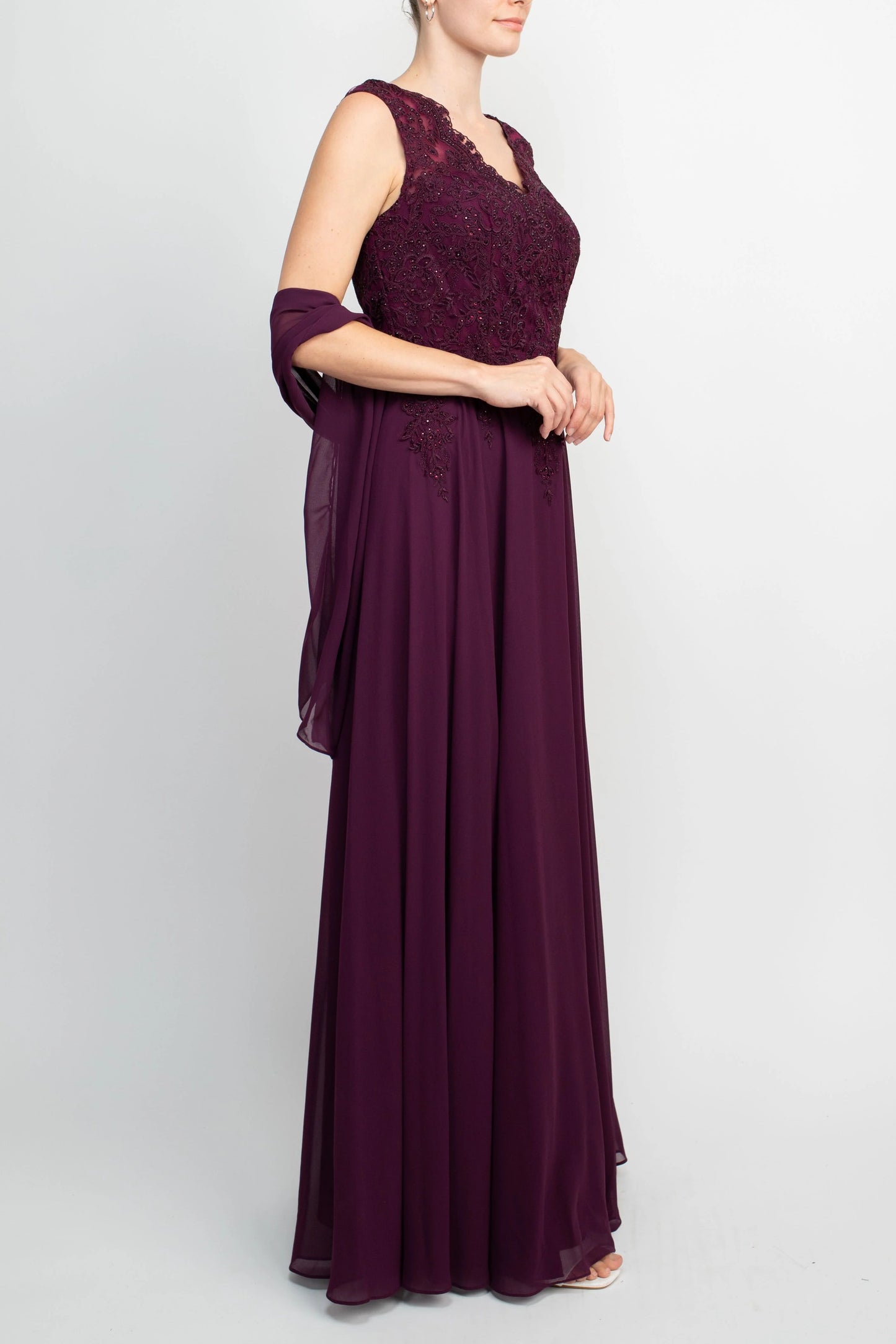 Embellished Scalloped Neck Cap Sleeve Zipper Back Flutter Embroidered Mesh Chiffon Mother of the Bride Dresses with Scarf