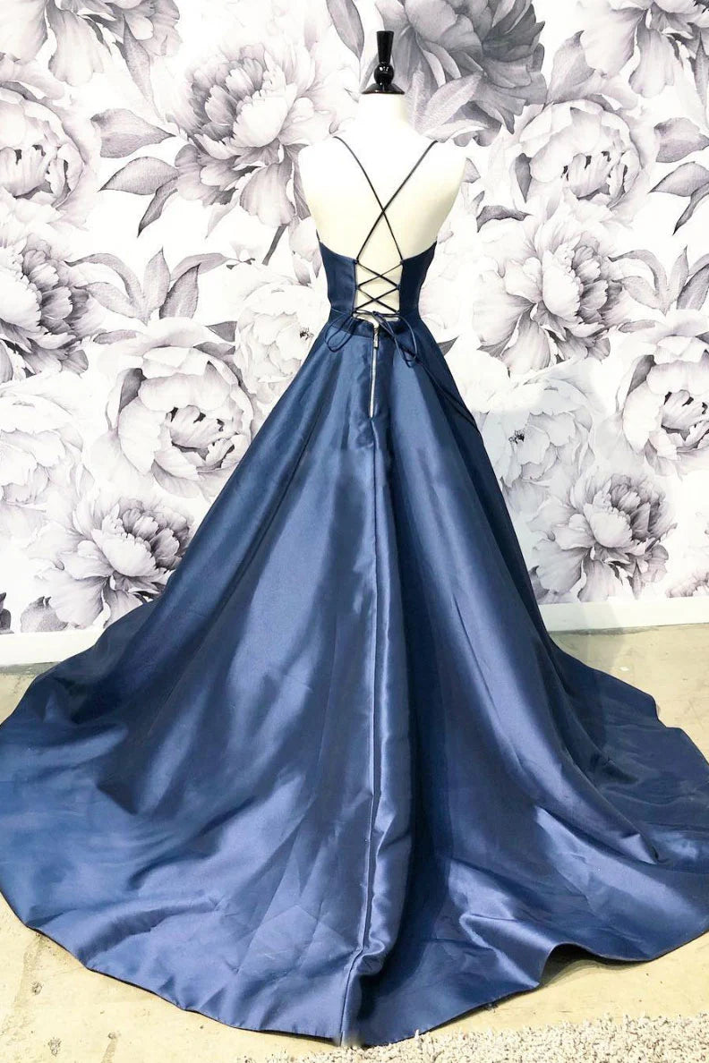 Simple v neck dark blue long prom dress blue prom dress