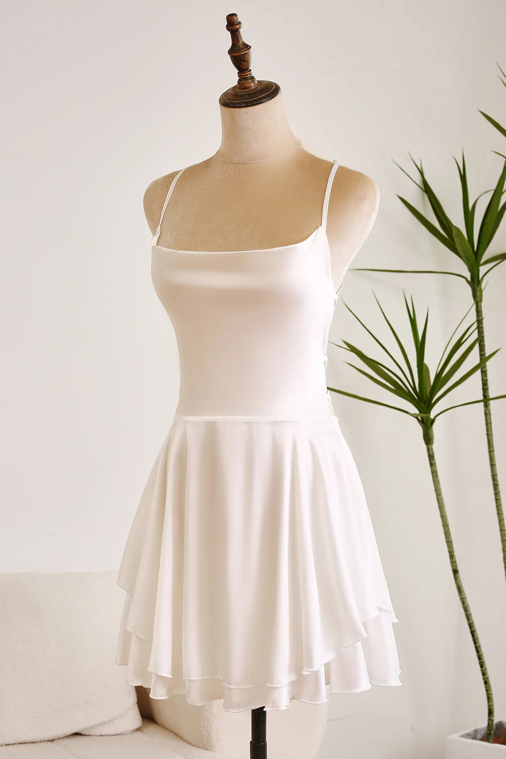 A Line Spaghetti Straps Backless Satin Swing White Short Graduation Dress