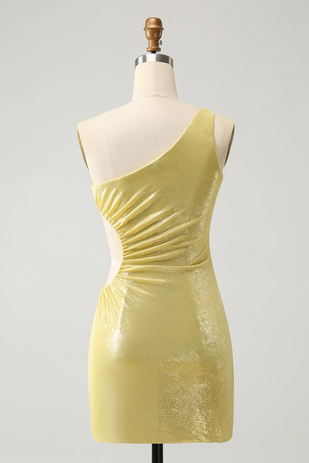 Yellow Bodycon One Shoulder Hollow Out Pleated Metallic Homecoming Dress
