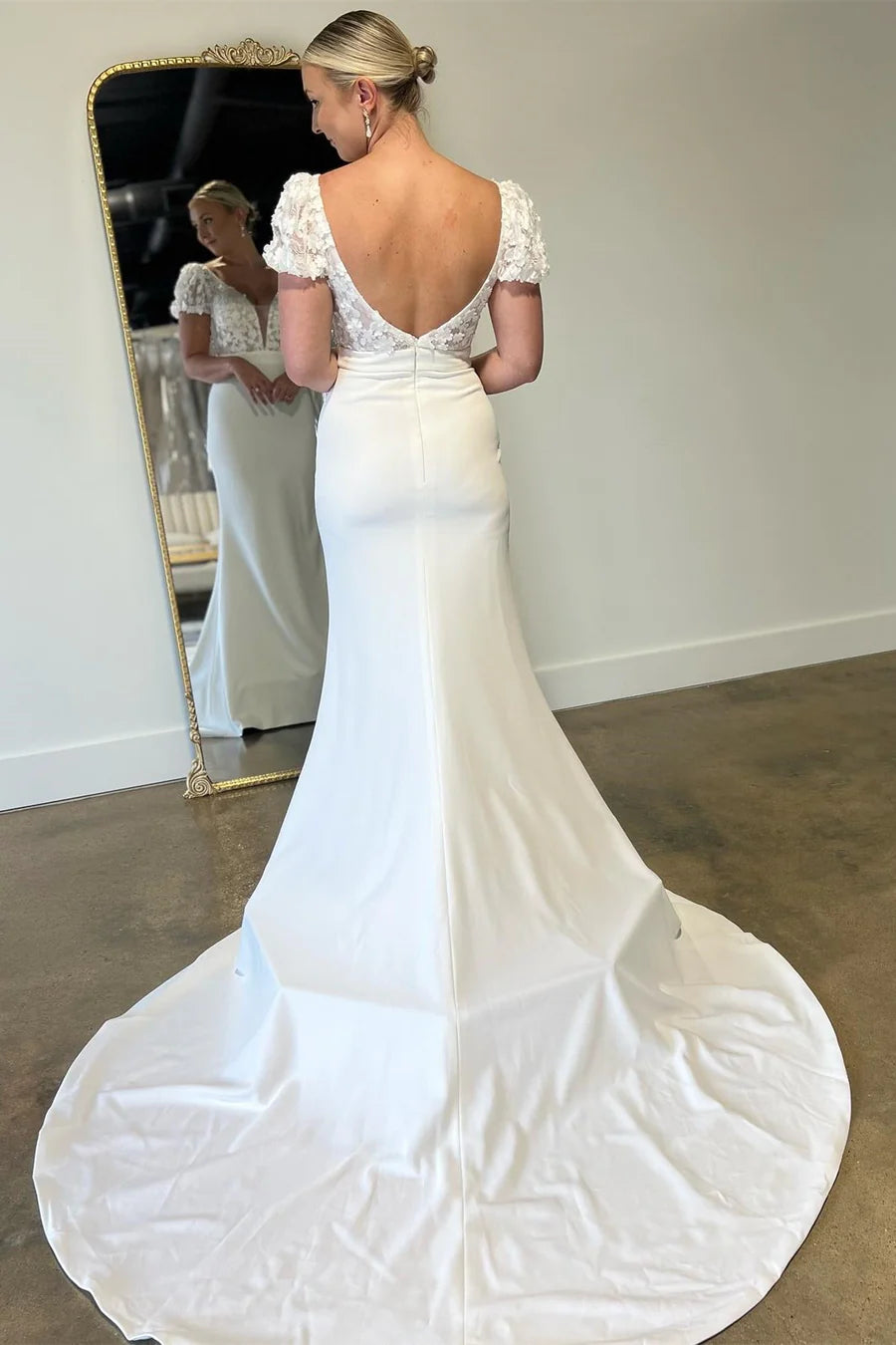Floral Applique Plunge V Long Wedding Dress with Short Sleeves