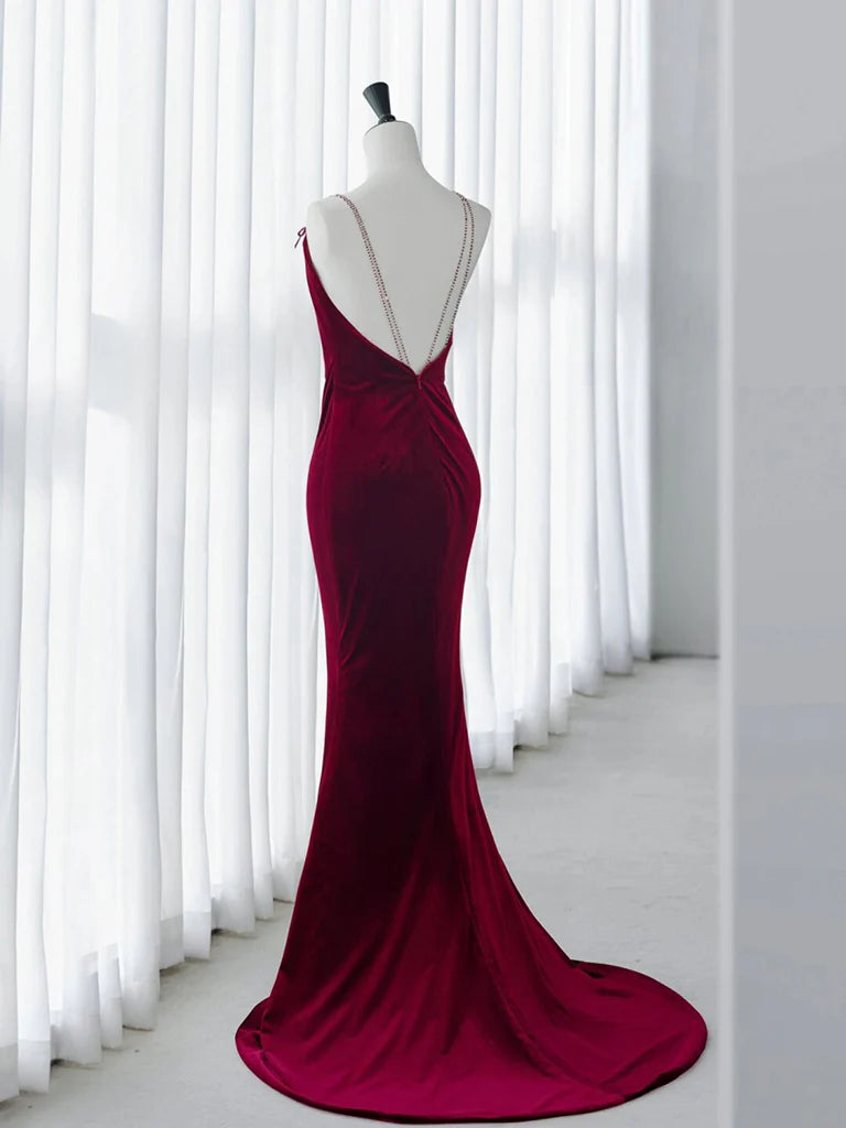 Velvet Mermaid Burgundy Long Evening Dress Burgundy Long Formal Dress