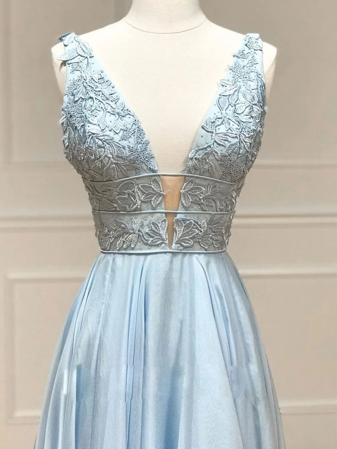 Blue v neck chiffon lace long prom dress blue prom dress