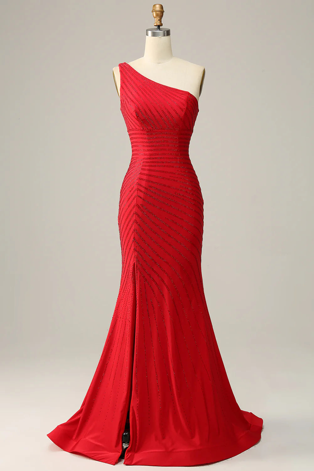 Sexy slim fit one shoulder red beaded long ball dress