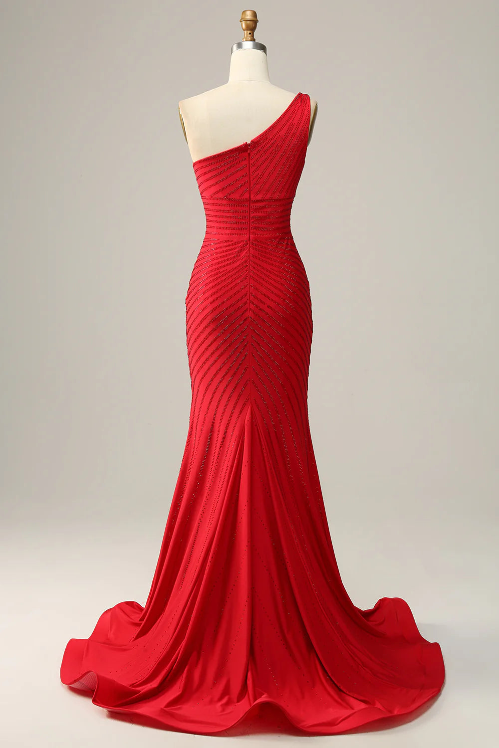 Sexy slim fit one shoulder red beaded long ball dress