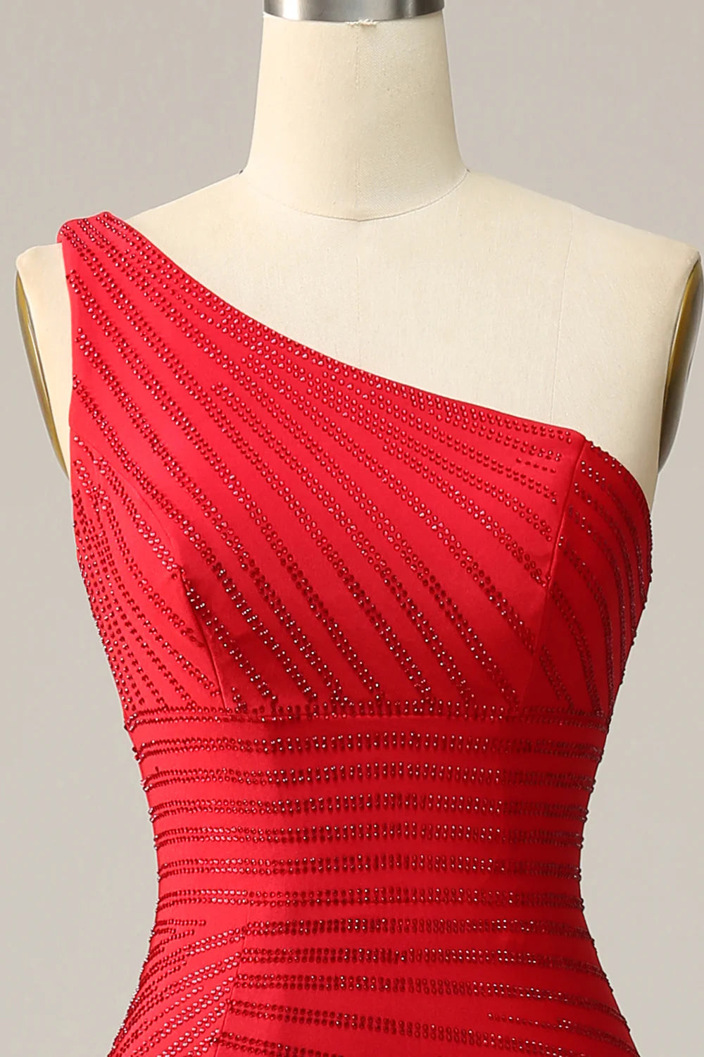 Sexy slim fit one shoulder red beaded long ball dress