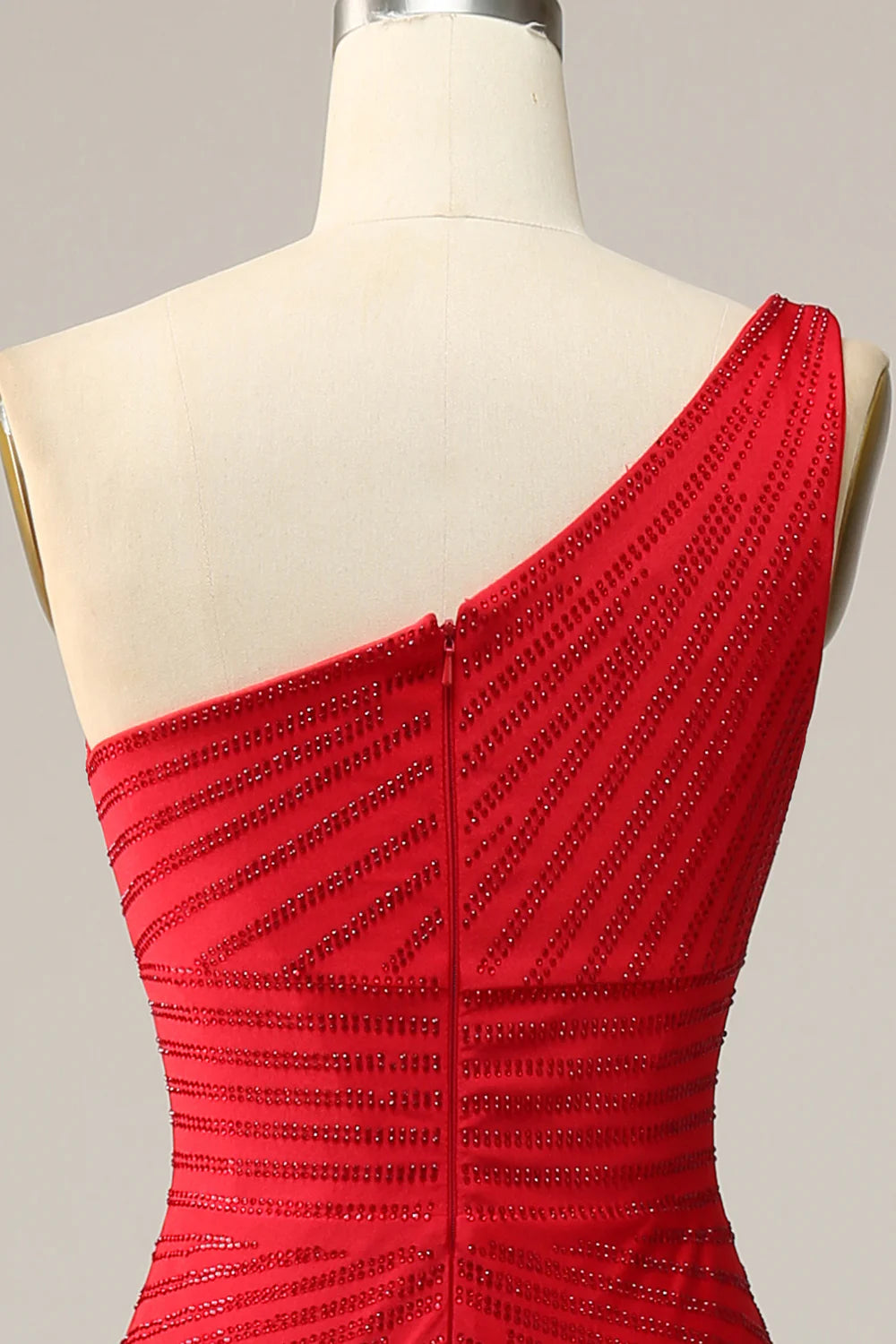 Sexy slim fit one shoulder red beaded long ball dress