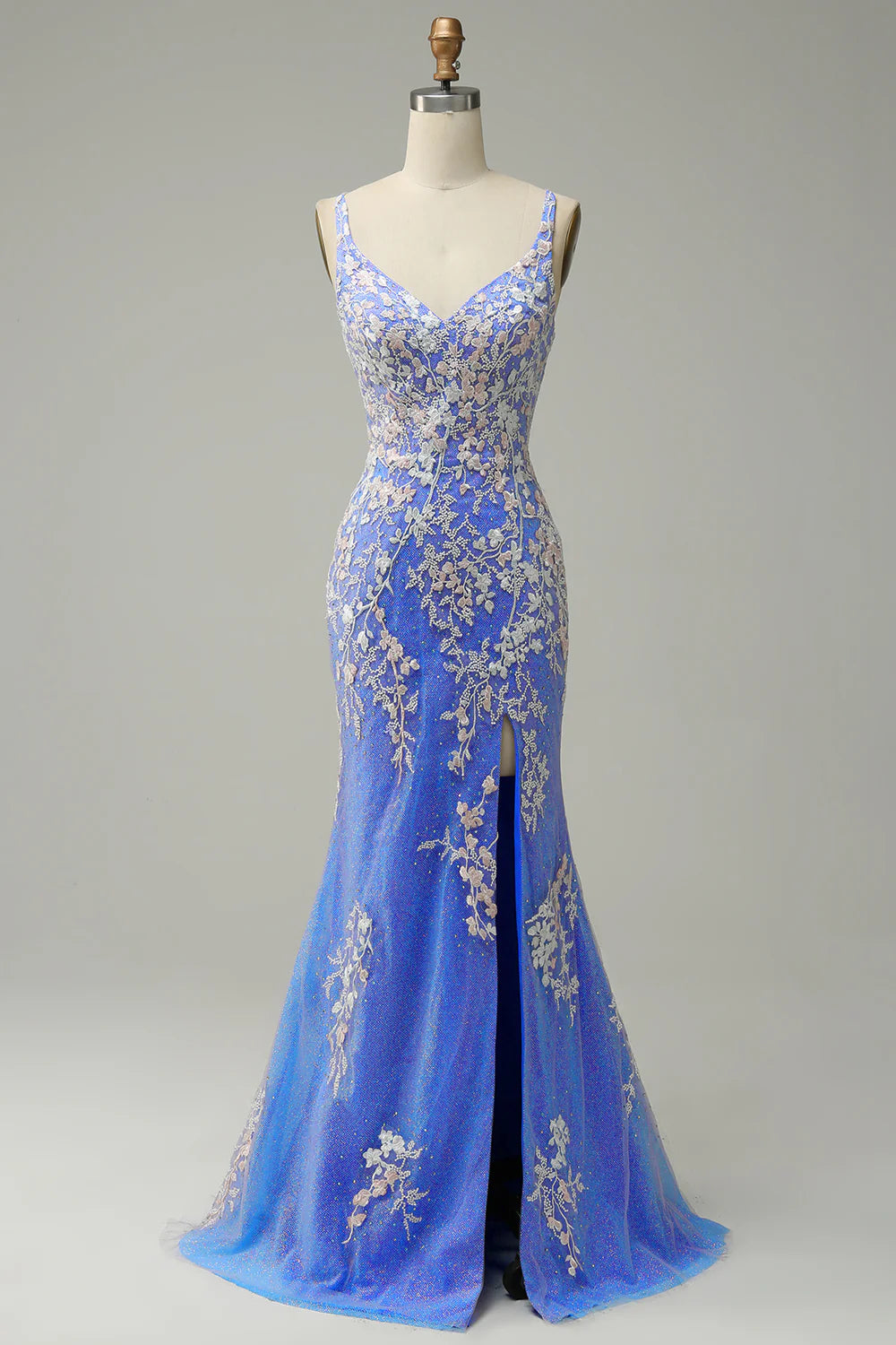 Elegant V-neck light blue ball dress with embellished beads