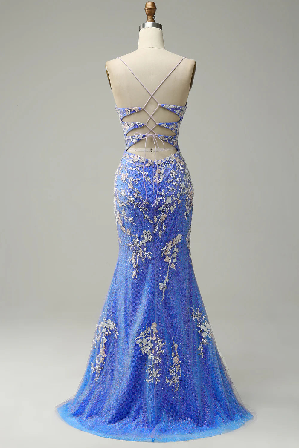 Elegant V-neck light blue ball dress with embellished beads