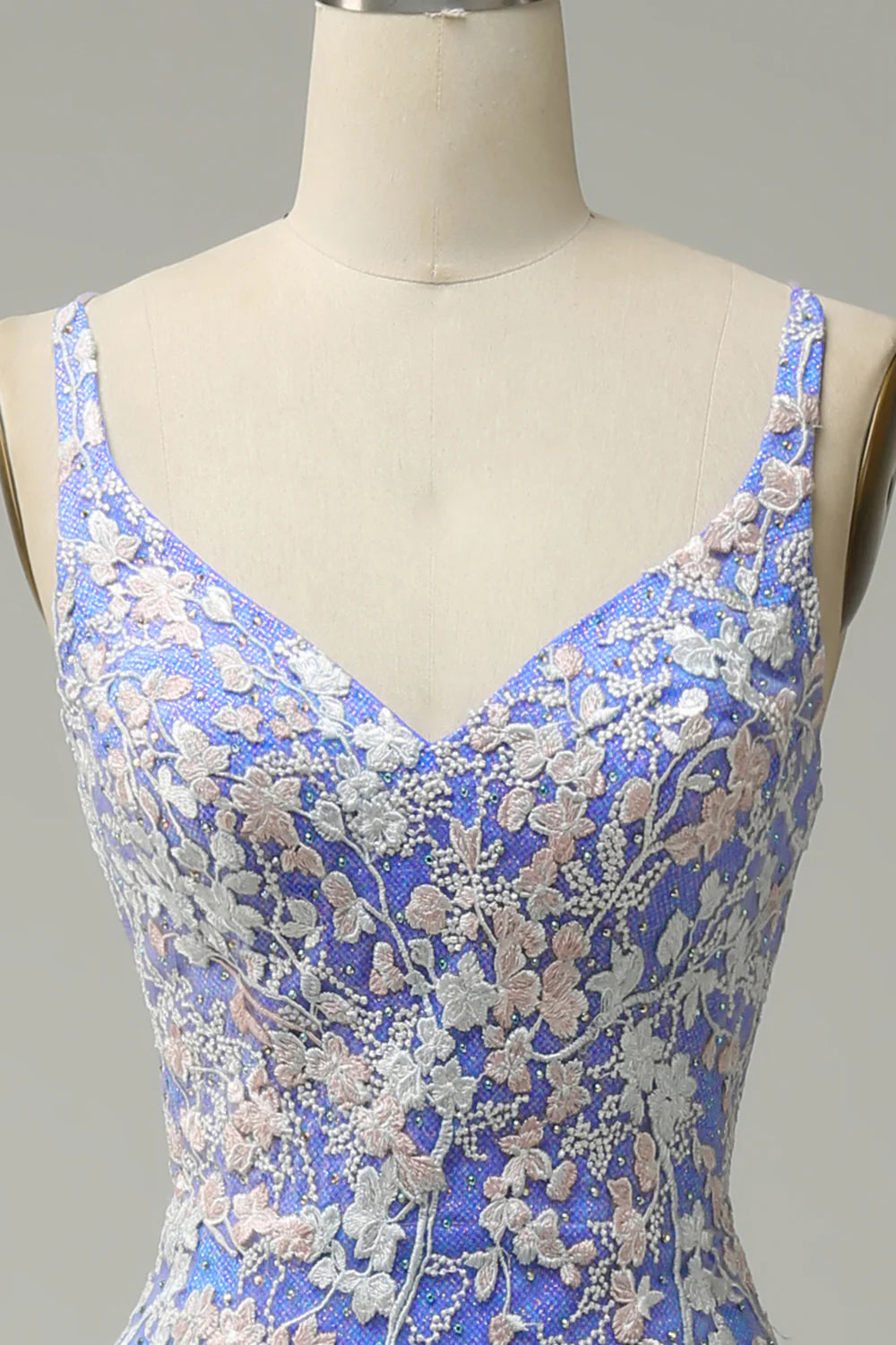 Elegant V-neck light blue ball dress with embellished beads