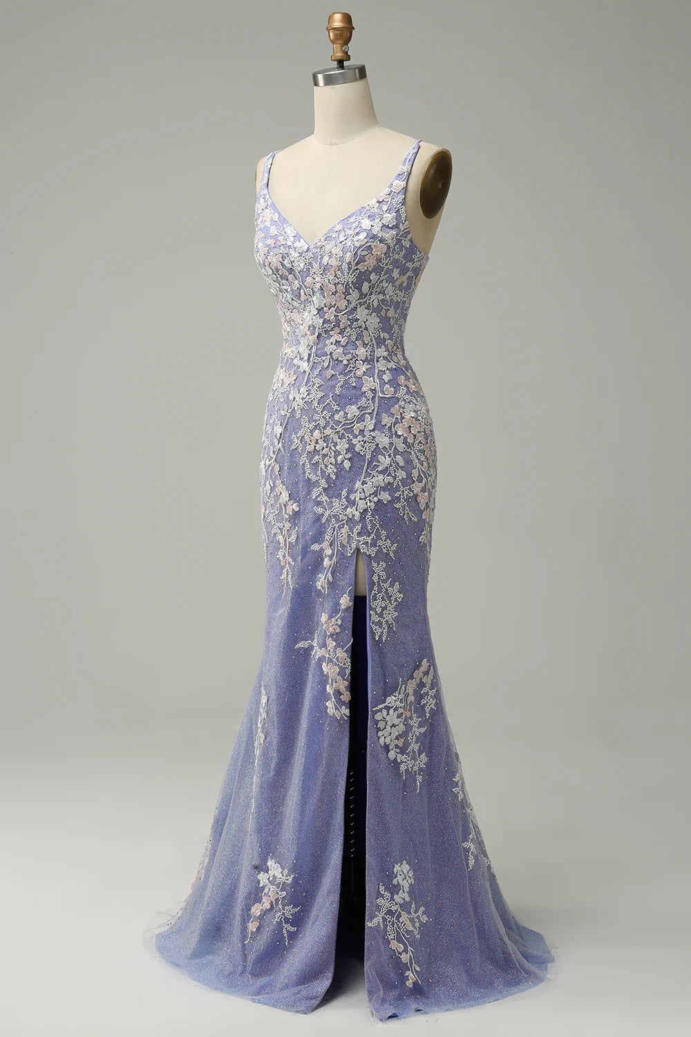 Elegant V-neck light blue ball dress with embellished beads