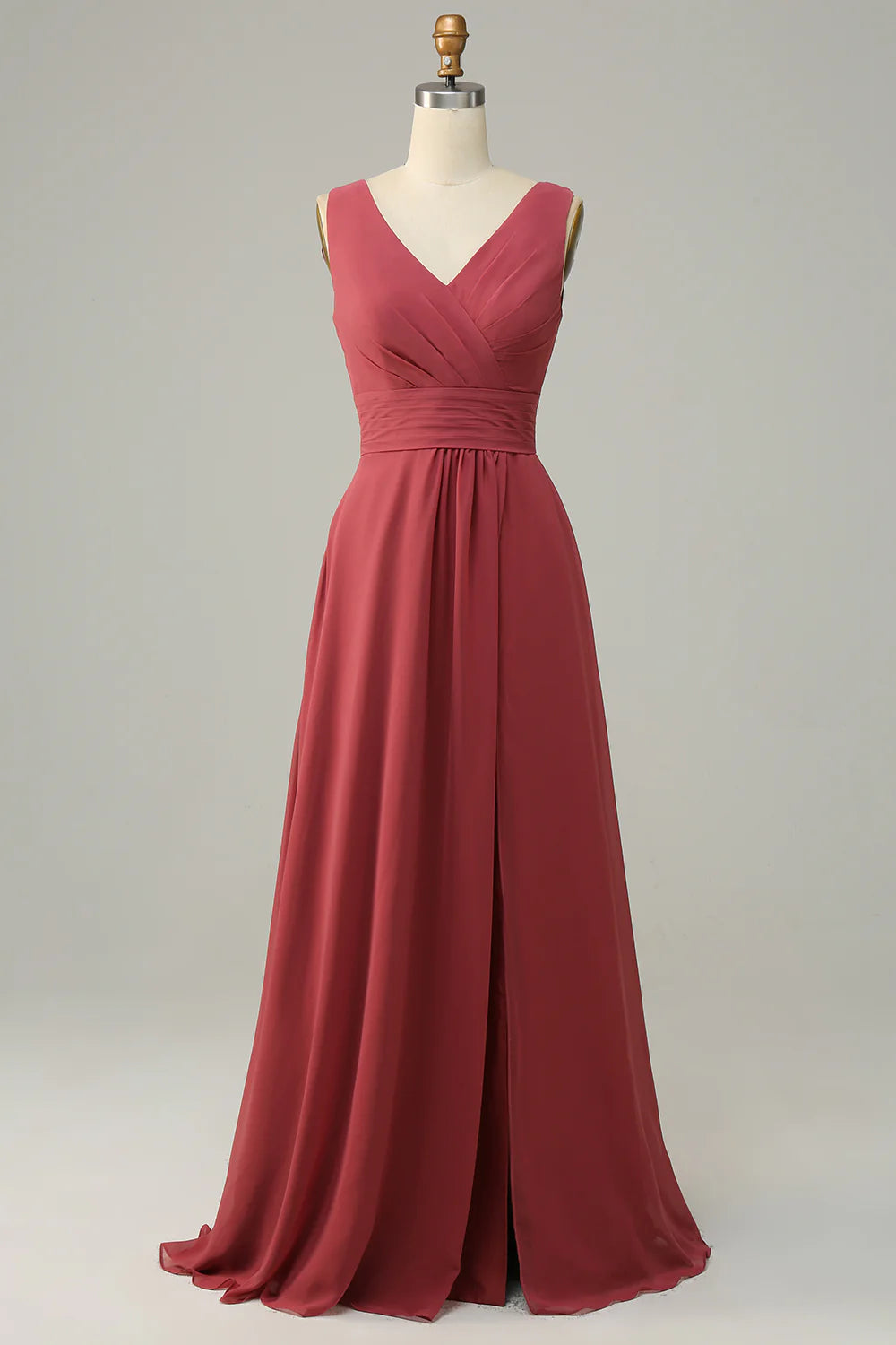 Sexy and elegant V-neck desert rose sleeveless chiffon long bridesmaid dress