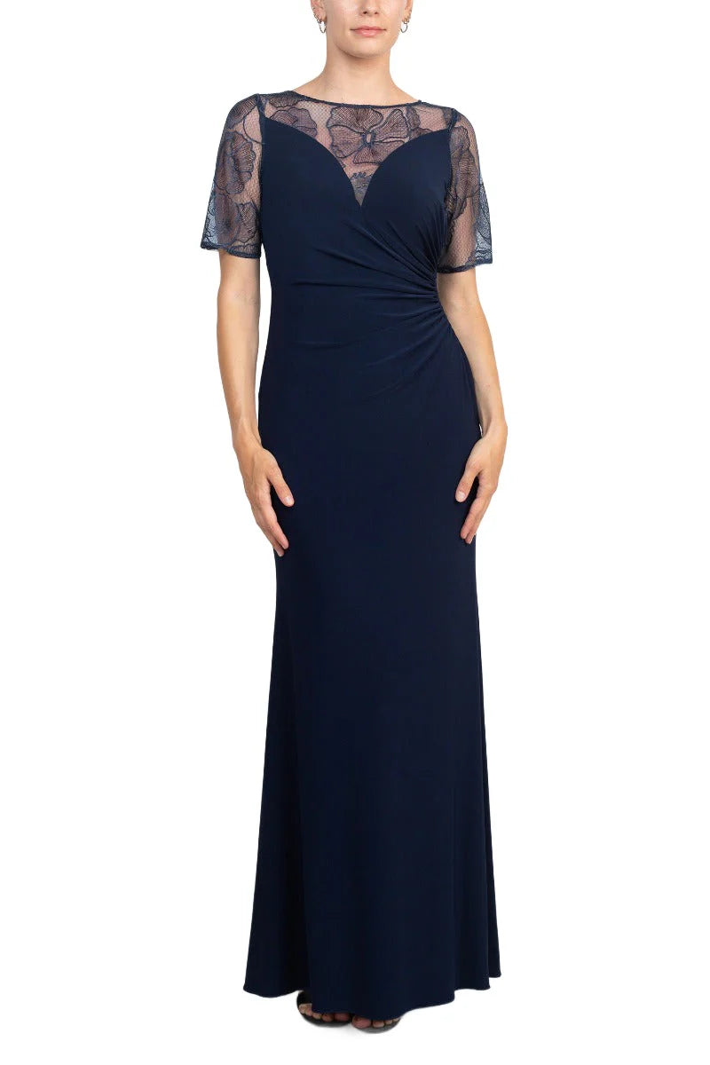 Embroidered Illusion Boat Neck Short Sleeve Gathered Side Zipper Back Lace Mother of the Bride Dresses