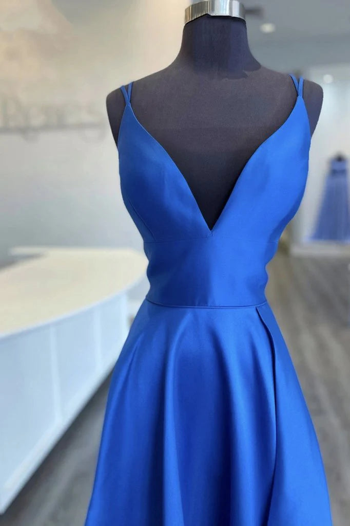 Blue V Neck Satin Long Prom Dress Blue Evening Dress