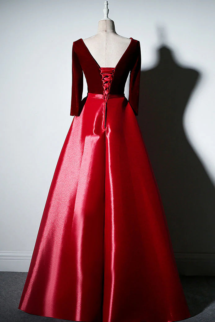 Simple A-line Long Sleeves Burgundy Long Prom Dress Burgundy Evening Dress