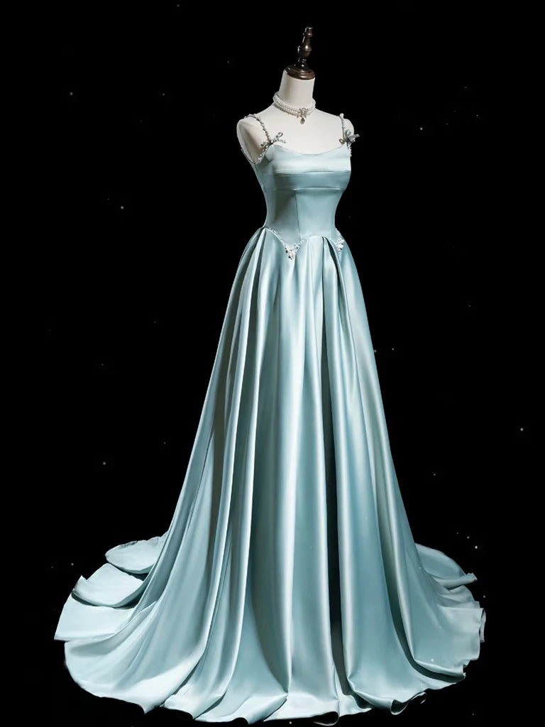 A-Line Blue Satin Long Evening Dress Blue Long Formal Dress