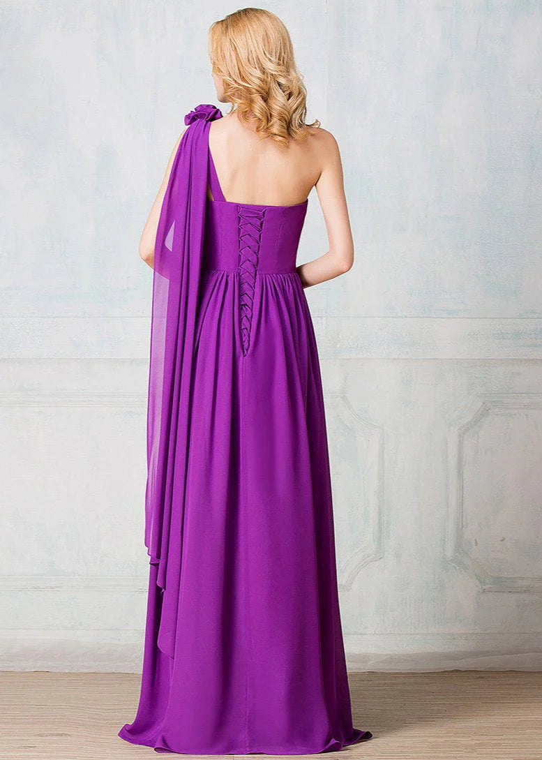 One-shoulder Full-length Chiffon Long Prom Dress