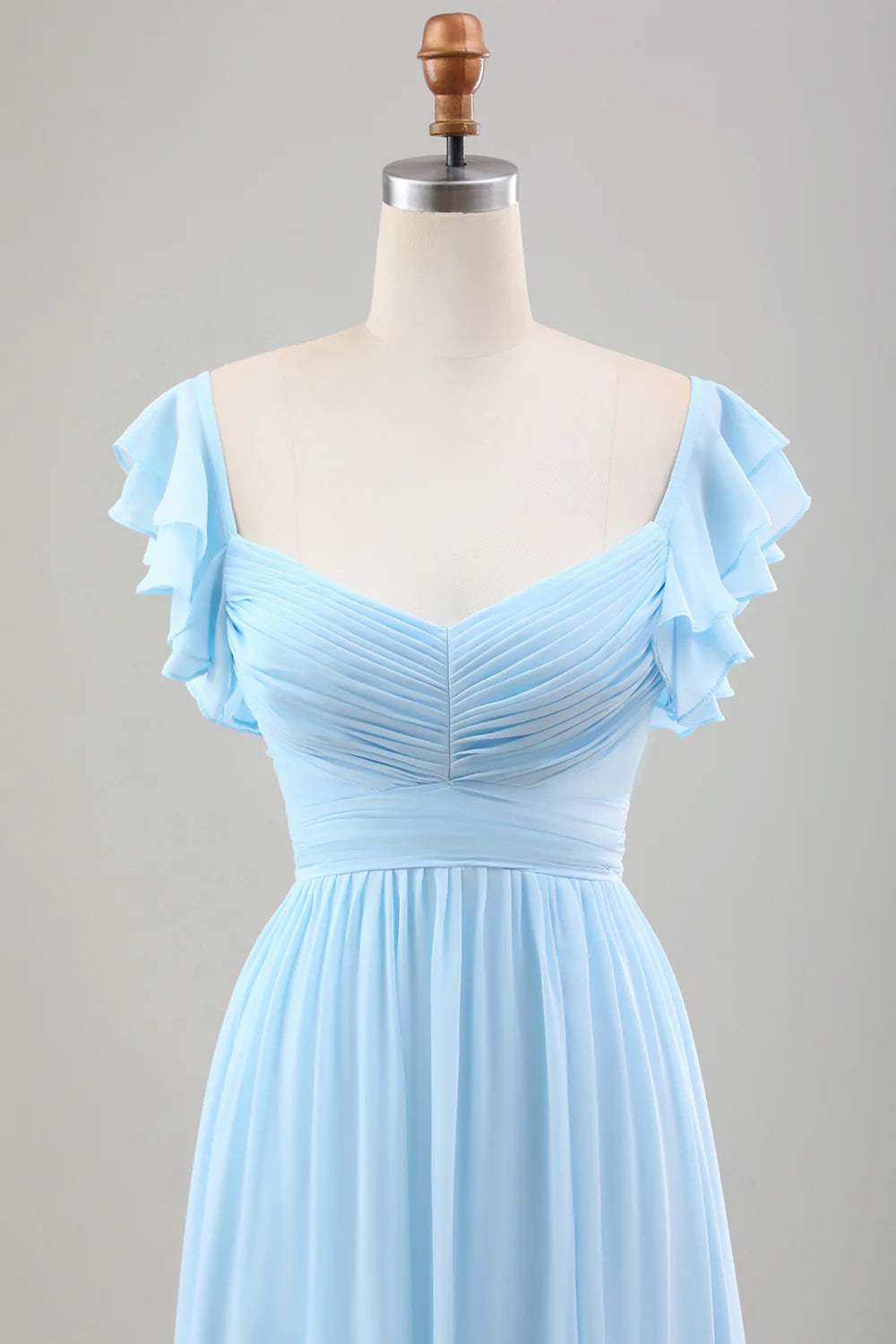 A Line Chiffon Pleated Tea-Length Dress with Ruffle Sleeves