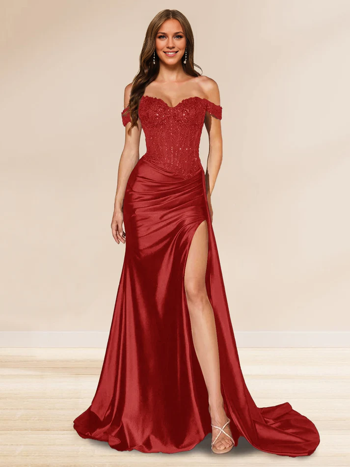 OKBBN mermaid off shoulder trailing sequin side slit evening gown