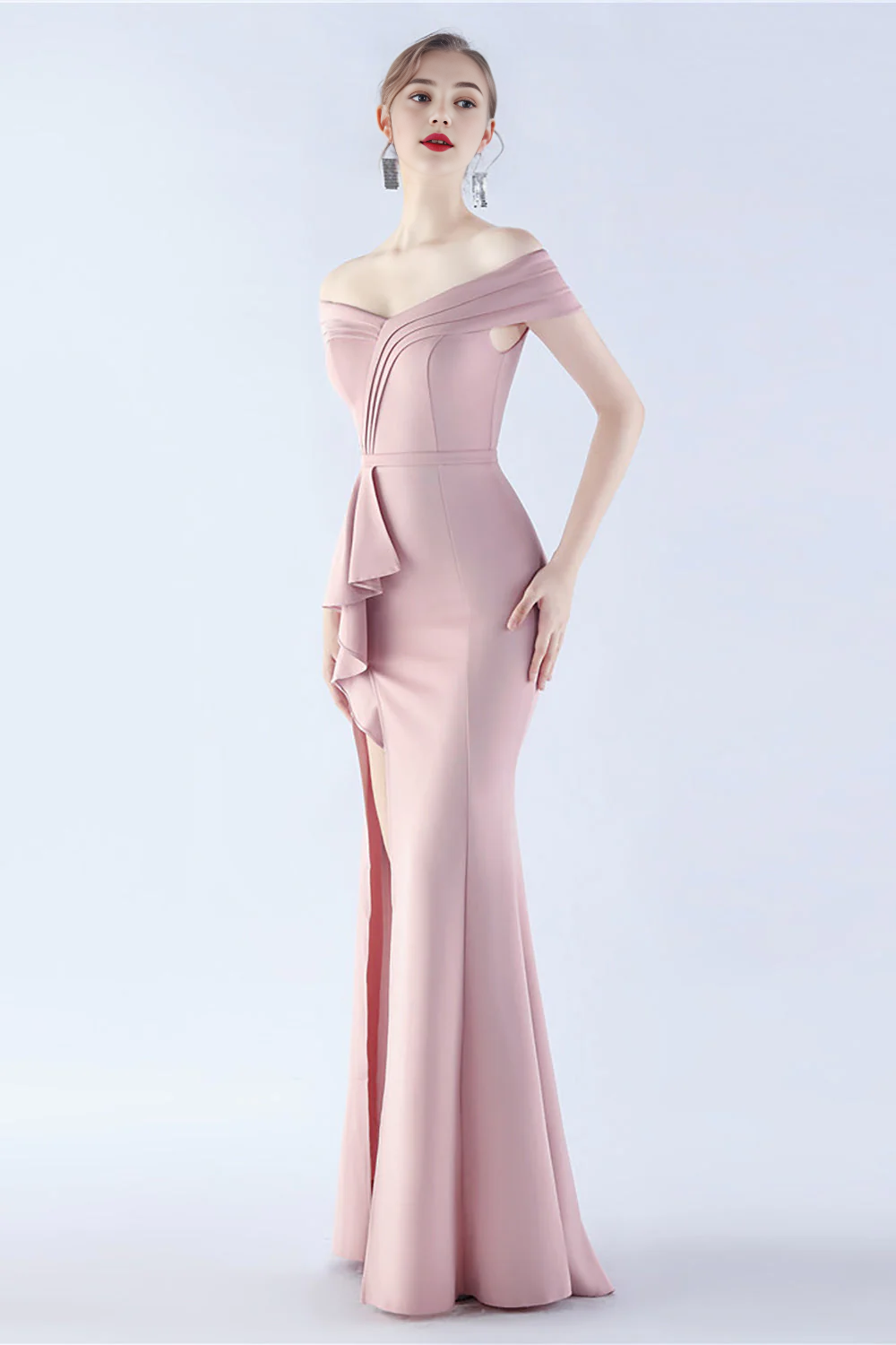 OKBBN off shoulder mermaid crepe slit evening gown