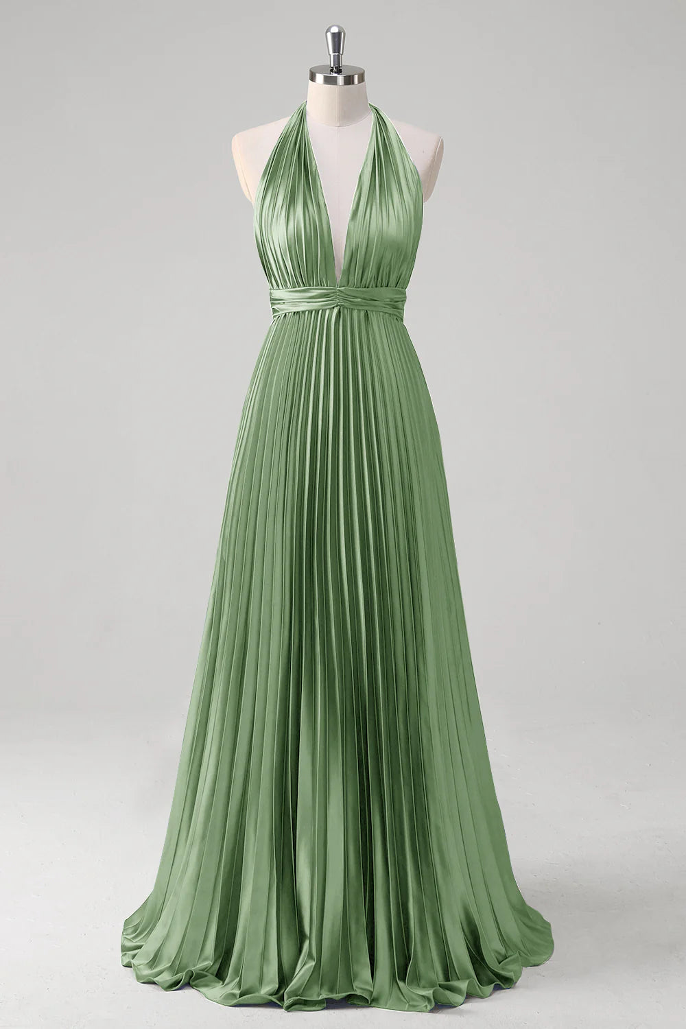 OKBBN satin A-line hanging neck pleated backless long evening gown