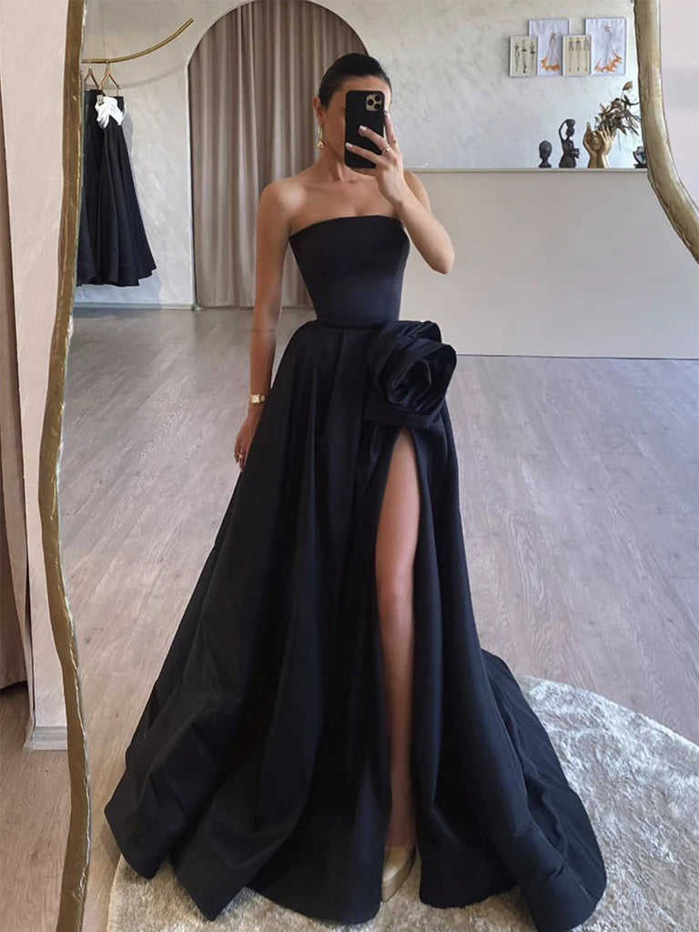A-Line Satin Black Long Evening Dress Black Long Formal Dress