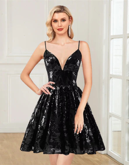 A-line black lace ruffled edge with V-neck mini back-to-school party dress