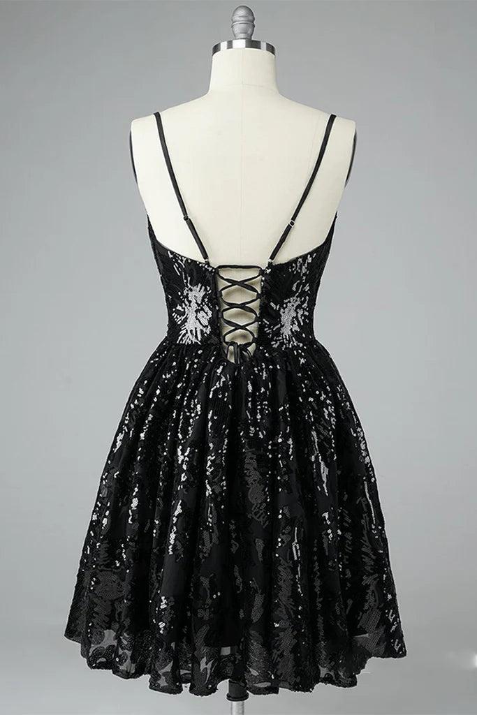 A-line black lace ruffled edge with V-neck mini back-to-school party dress