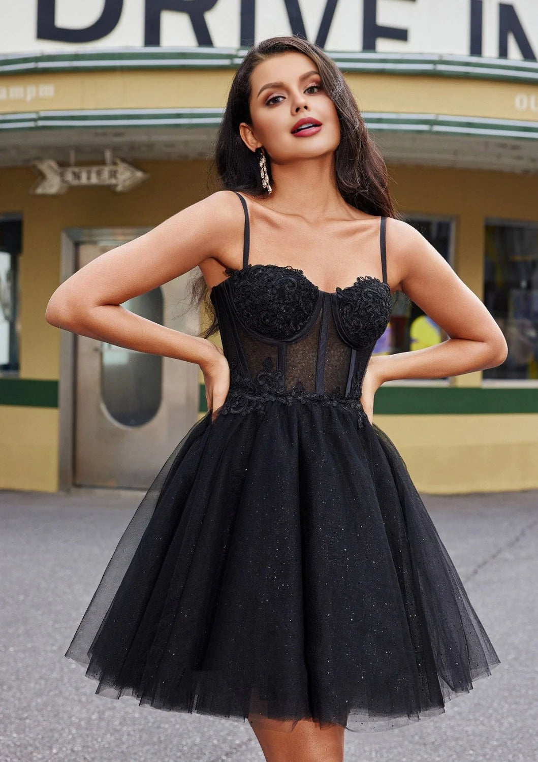 Premium Black Sleeveless Thin Shoulder Strap Applique Tulle Short Skirt Homecoming Party Dress