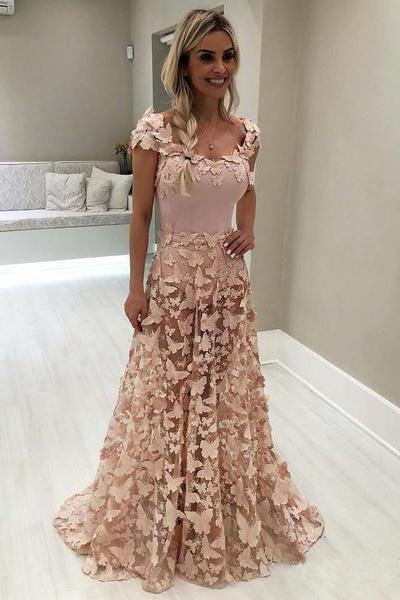 Carmine pink A-line dress with long sleeves sweetheart lace long ball dress