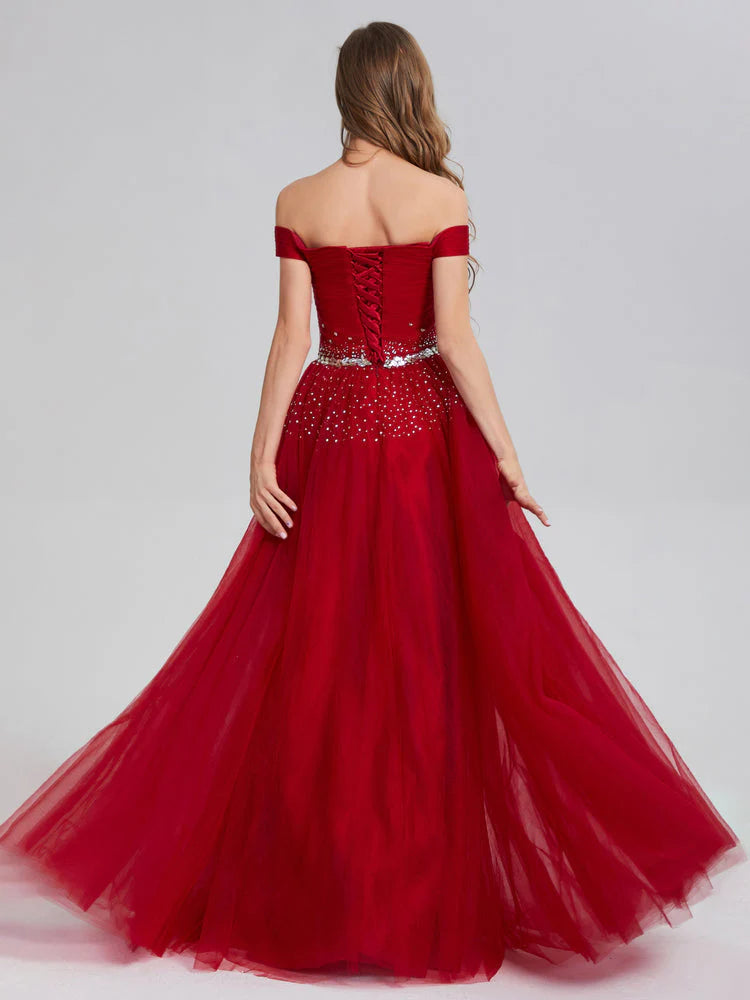 A-line Burgundy Off Shoulder Lace up sheer Sweet Floor Sweeping Ball Dress