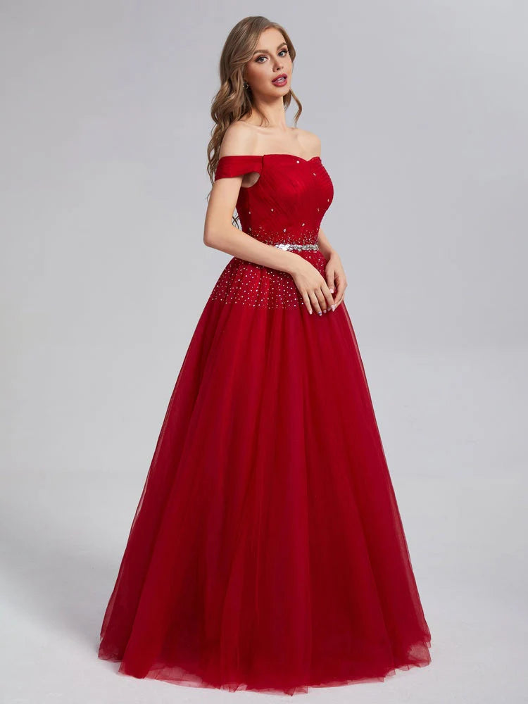 A-line Burgundy Off Shoulder Lace up sheer Sweet Floor Sweeping Ball Dress