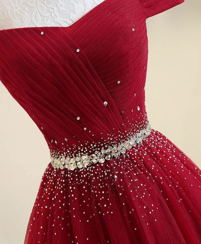 A-line Burgundy Off Shoulder Lace up sheer Sweet Floor Sweeping Ball Dress