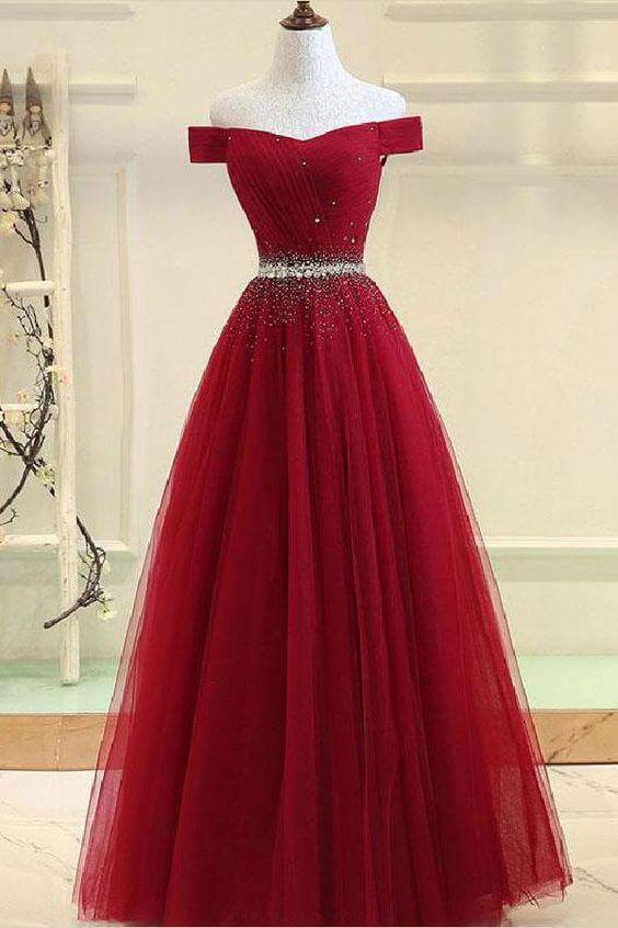A-line Burgundy Off Shoulder Lace up sheer Sweet Floor Sweeping Ball Dress