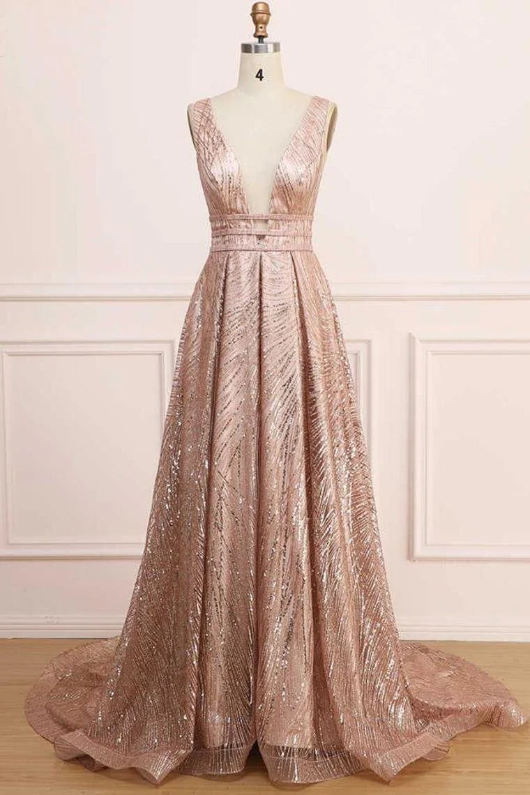 A-line deep V-neck long sequin PROM glitter sleeveless evening gown