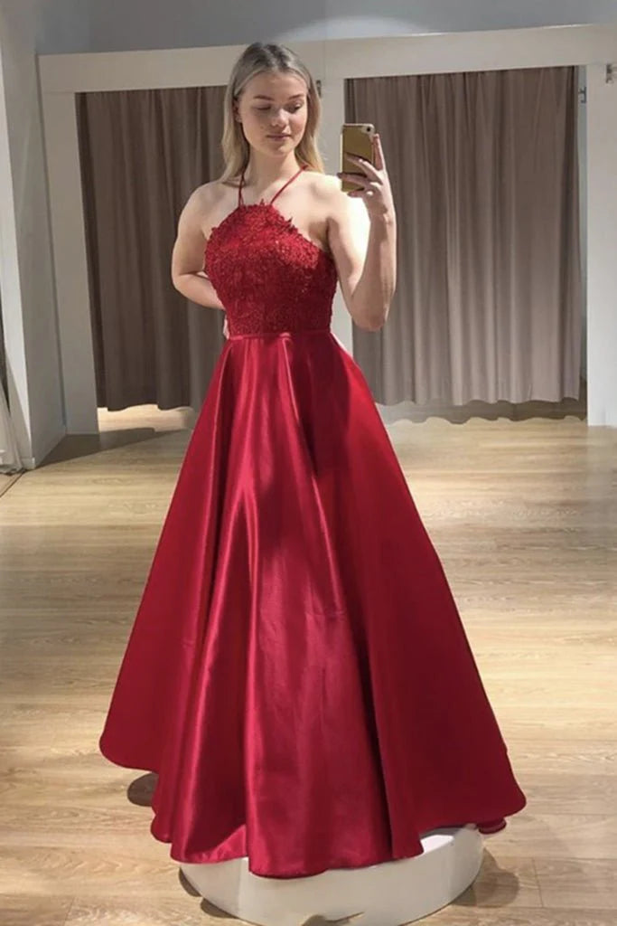A-line backless red satin lace sleeveless ball dress