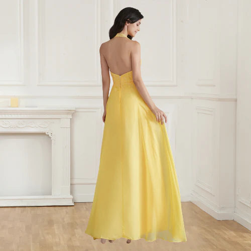 A-line single strap chiffon embellished flower beaded formal dress