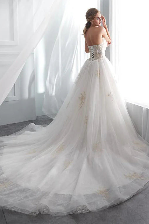 A-line lace inlaid off shoulder wedding dress with church style skirt hem