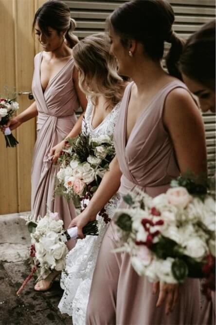 A-line chiffon V-neck ruffled pink floor mopping bridesmaid dress