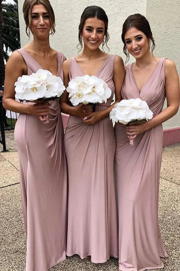 A-line chiffon V-neck ruffled pink floor mopping bridesmaid dress