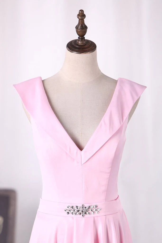 New A-line Split Zipper Off Shoulder Satin Evening Dress