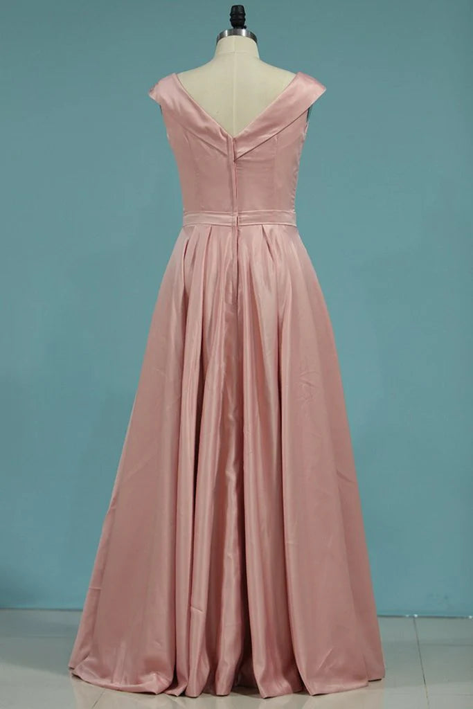 New A-line Split Zipper Off Shoulder Satin Evening Dress