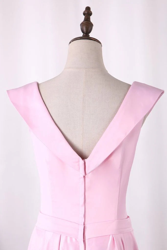 New A-line Split Zipper Off Shoulder Satin Evening Dress