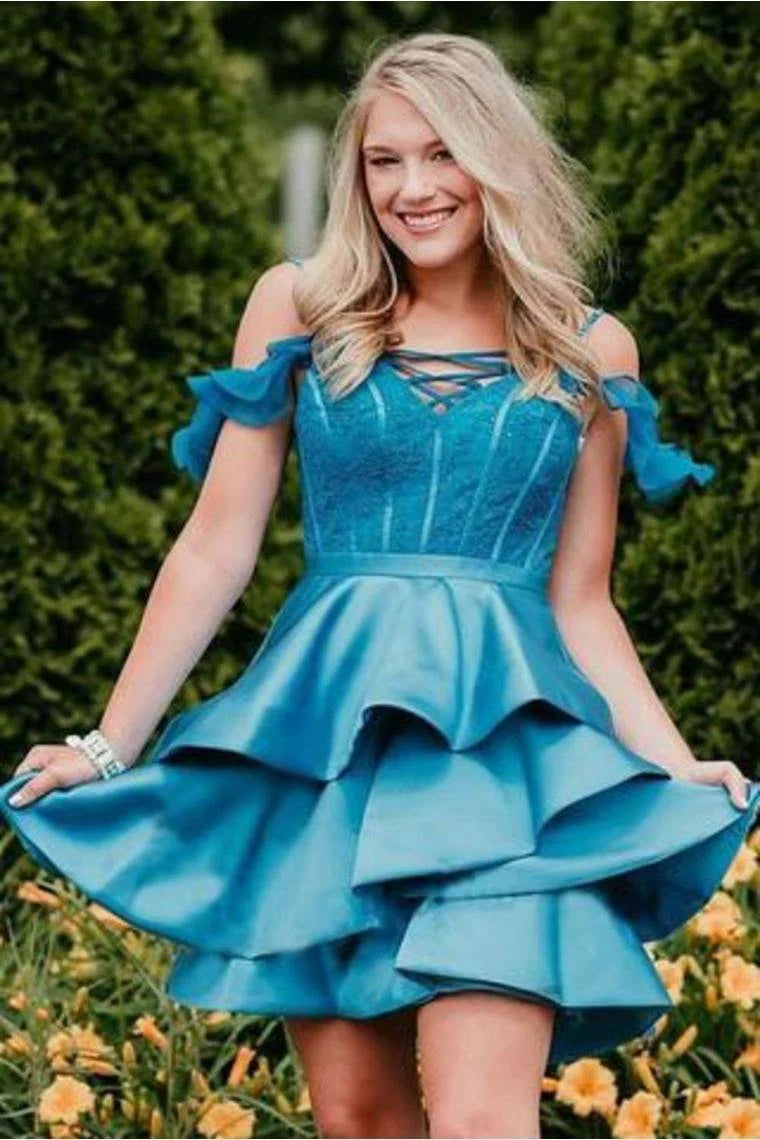 A-line off shoulder satin casual mini homecoming dance dress short cocktail party