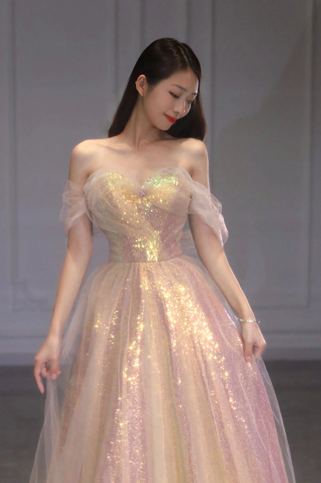 Elegant One Shoulder Premium Colored Champagne Sequins Ball Party Formal Party Dress